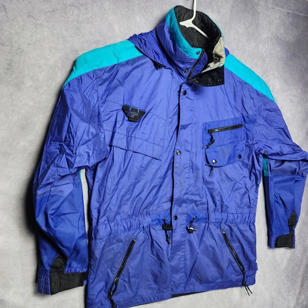 Mountain Goat Vintage Mens L‎ Jacket Blue Teal Color Block Hooded Windbreaker